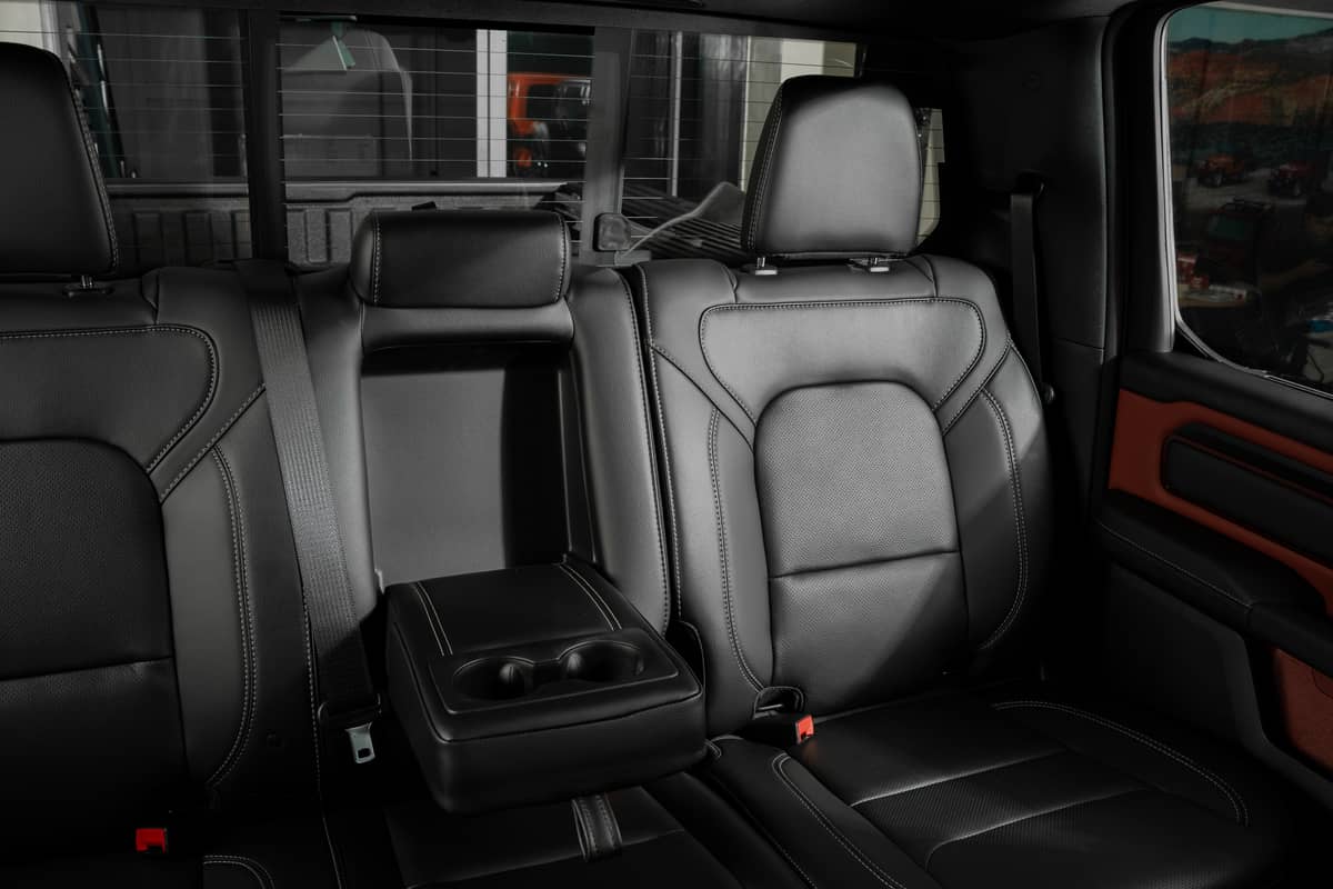 The back seats of the Ram 1500 Rebel provide efficient storage, ample space, and luxurious leather comfort.