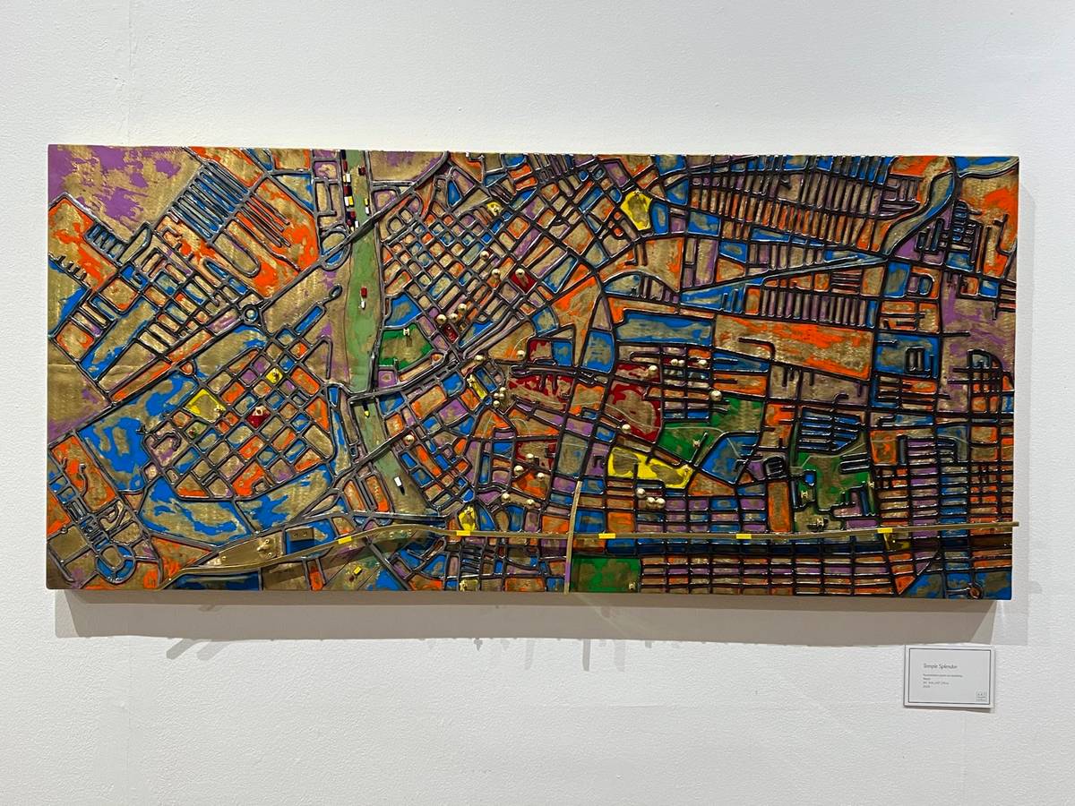 ‘Temple Splendor,’ automotive paint on stainless, brass 24 3/4 x 53 718 inches 2024.