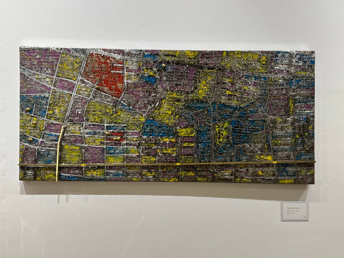 ‘Tranquil Sanctuaries,’ automotive paint on stainless, brass 24 3/4 x 53 718 inches 2024.