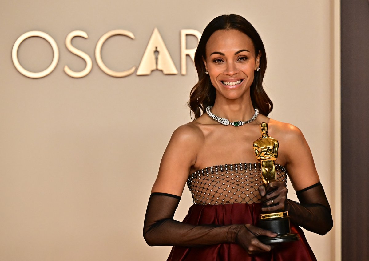 US actress Zoe Saldana poses in the press room with the Oscar for Best Actress in a Supporting Role for "Emilia Perez" during the 97th Annual Academy Awards at the Dolby Theatre in Hollywood, California on March 2, 2025.