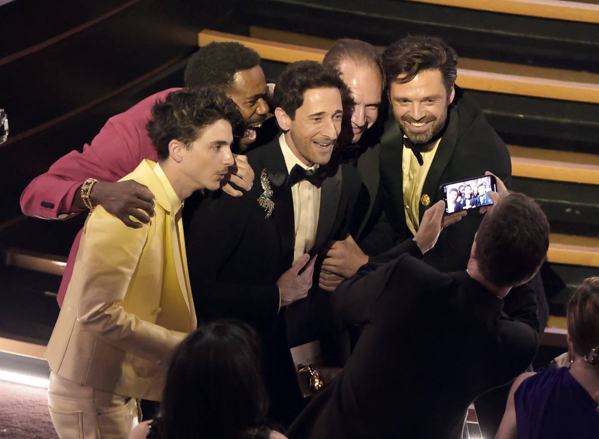 Timothée Chalamet, Colman Domingo, Adrien Brody, Ralph Fiennes and Sebastian Stan in the audience during the 97th Annual Oscars at Dolby Theatre on March 02, 2025 in Hollywood, California.