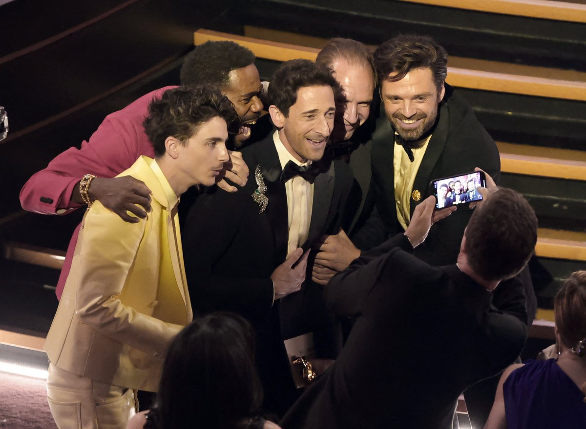 Timothée Chalamet, Colman Domingo, Adrien Brody, Ralph Fiennes and Sebastian Stan in the audience during the 97th Annual Oscars at Dolby Theatre on March 02, 2025 in Hollywood, California.