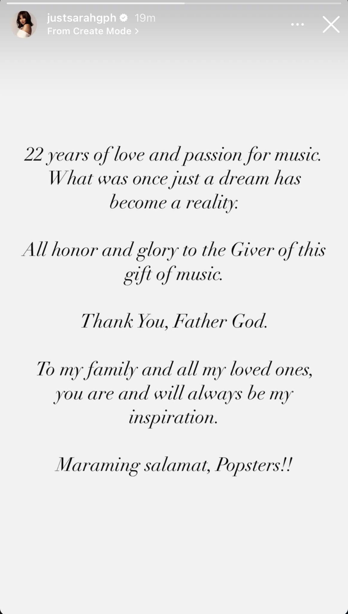 Screengrab from Sarah Geronimo Instagram story