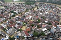 Buildings inundated by floodwaters in Bekasi, West Java on Mar 4, 2025.