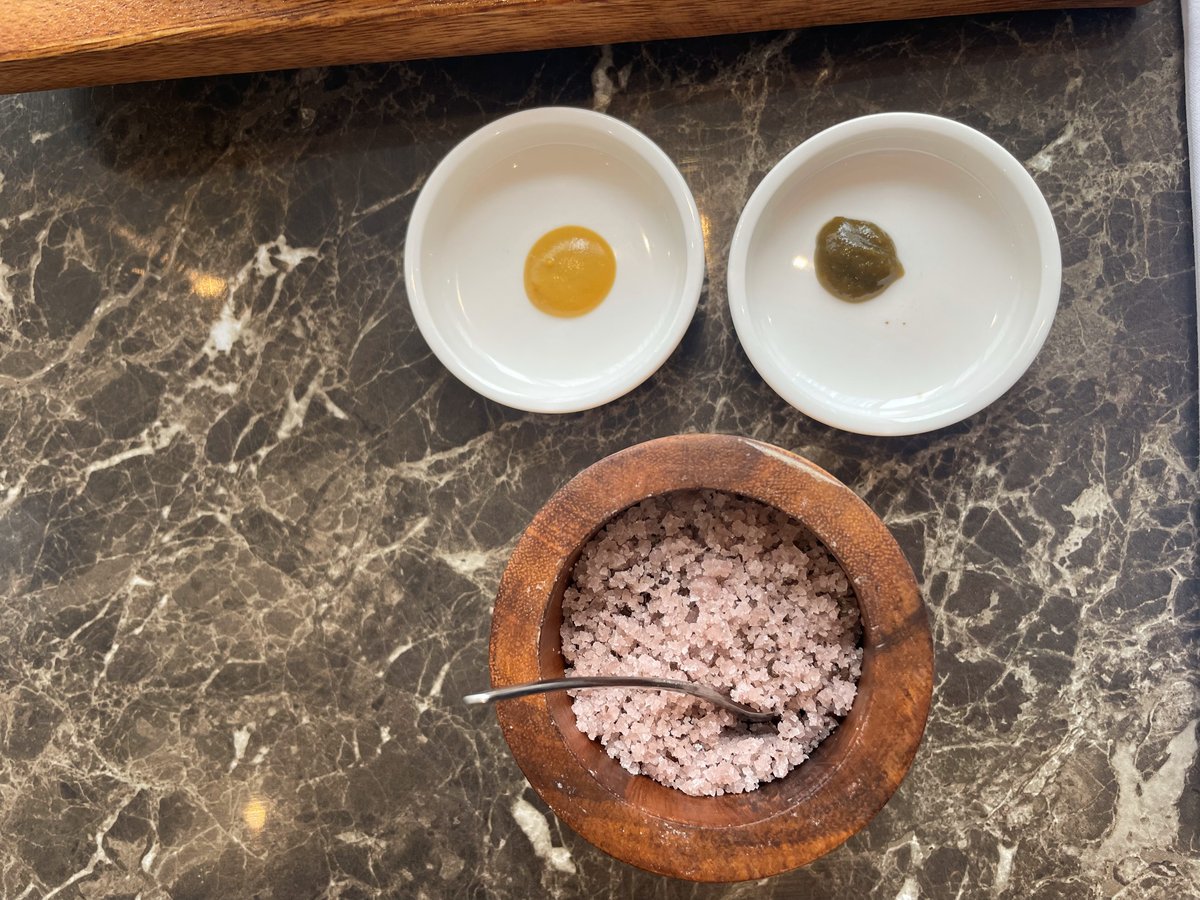 Steak accompaniments: Red wine salt, peppery yuzu paste and hot mustard.