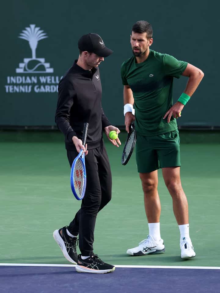 Novak Djokovic gets pointers from his new coach, Andy Murray, during a practice session ahead of the Indian Wells ATP Masters.
