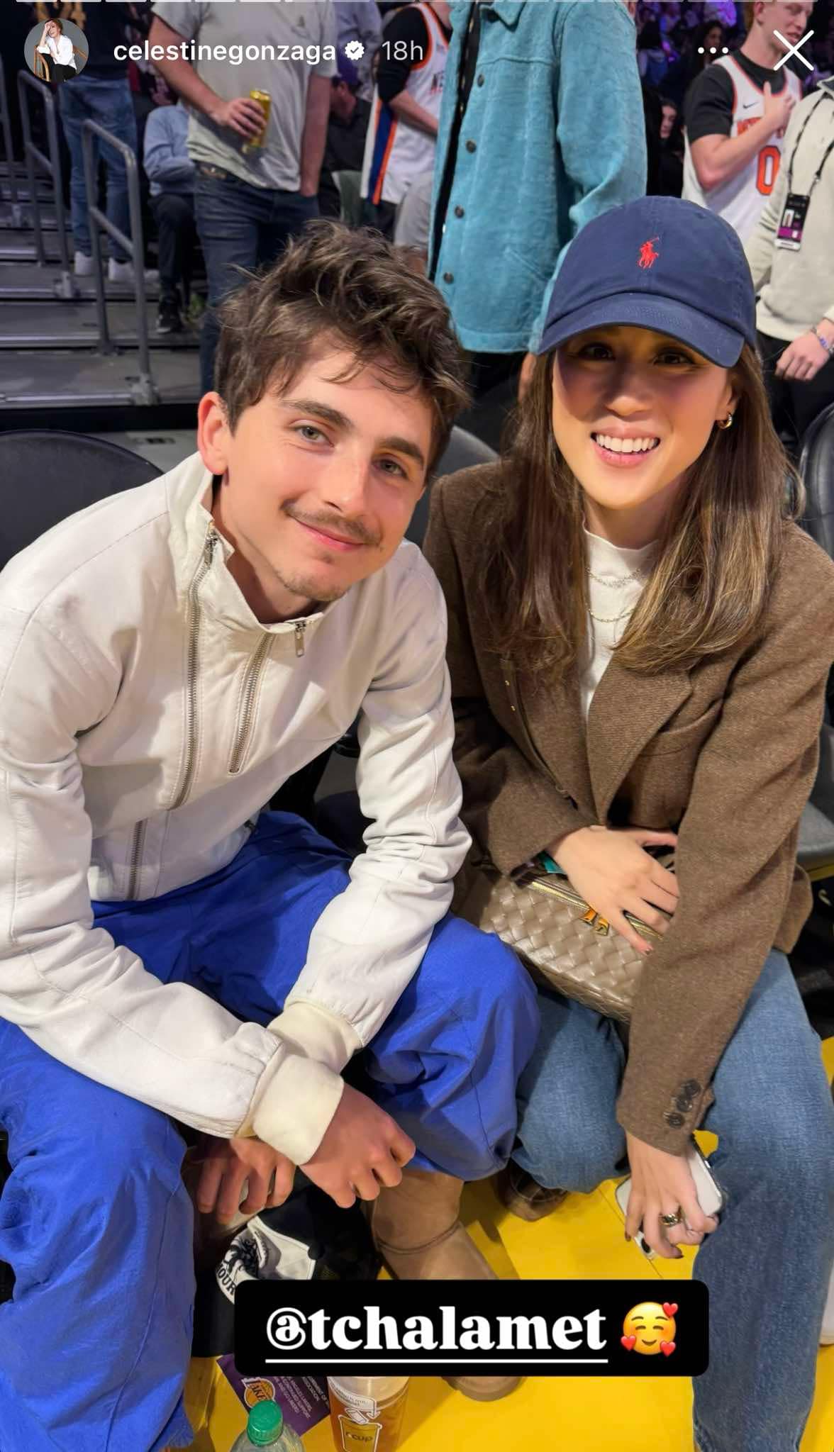 Toni Gonzaga and Timothée Chalamet during Lakes and Knicks NBA match