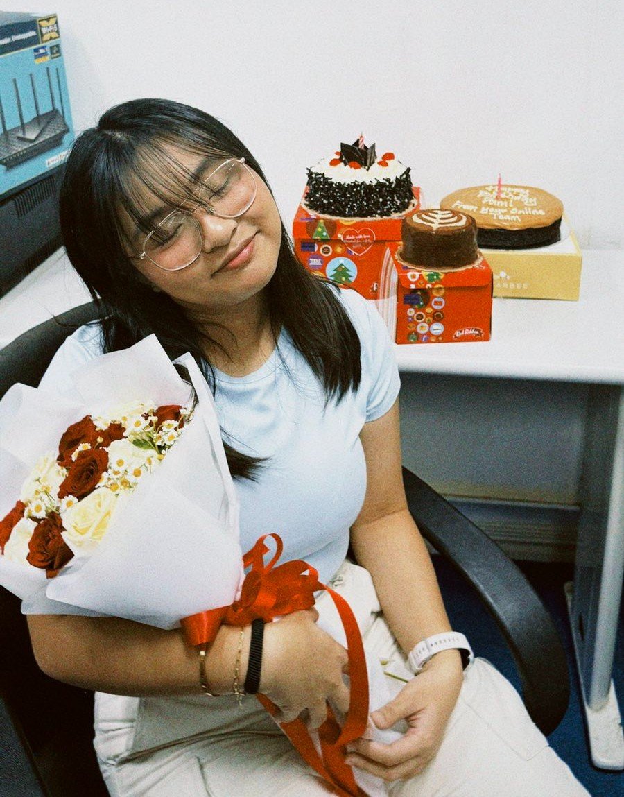 Surprising our friend, Pam, in the office for her birthday