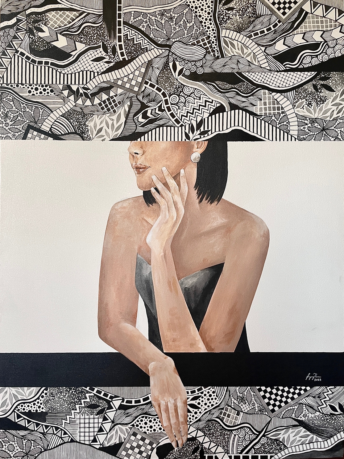 ‘ENOUGH,’ acrylic and ink on canvas, 36" X 48," 2023.