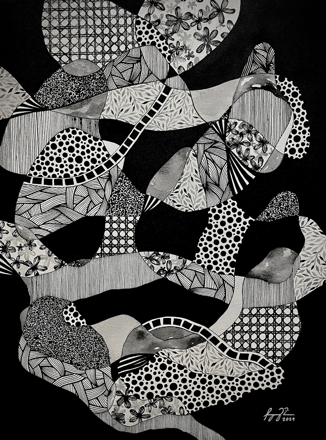 ‘LINESCAPE No.5,’ acrylic and ink on canvas, 24" X 18," 2024.