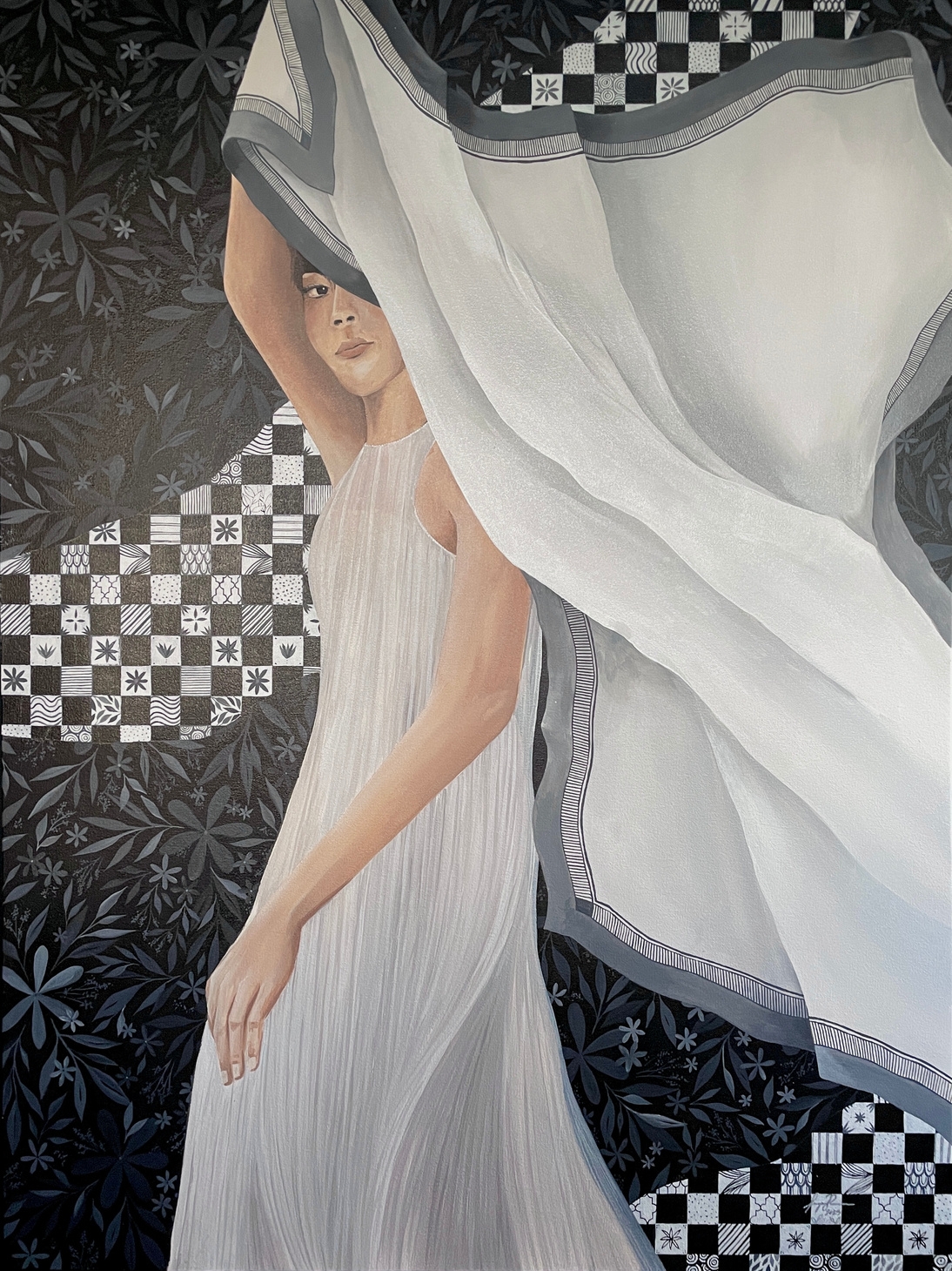 ‘NO Slipping Up If You Slip Away,’ acrylic and ink on canvas, 36" X 48," 2023.
