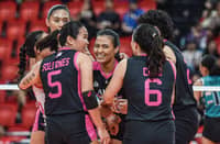 The Akari Chargers celebrate their rousing 21-25, 25-19, 20-25, 25-16, 15-11 win over Galeries Tower to move closer to a semifinal seat in the PVL All-Filipino Conference on Saturday at the Philsports Arena.