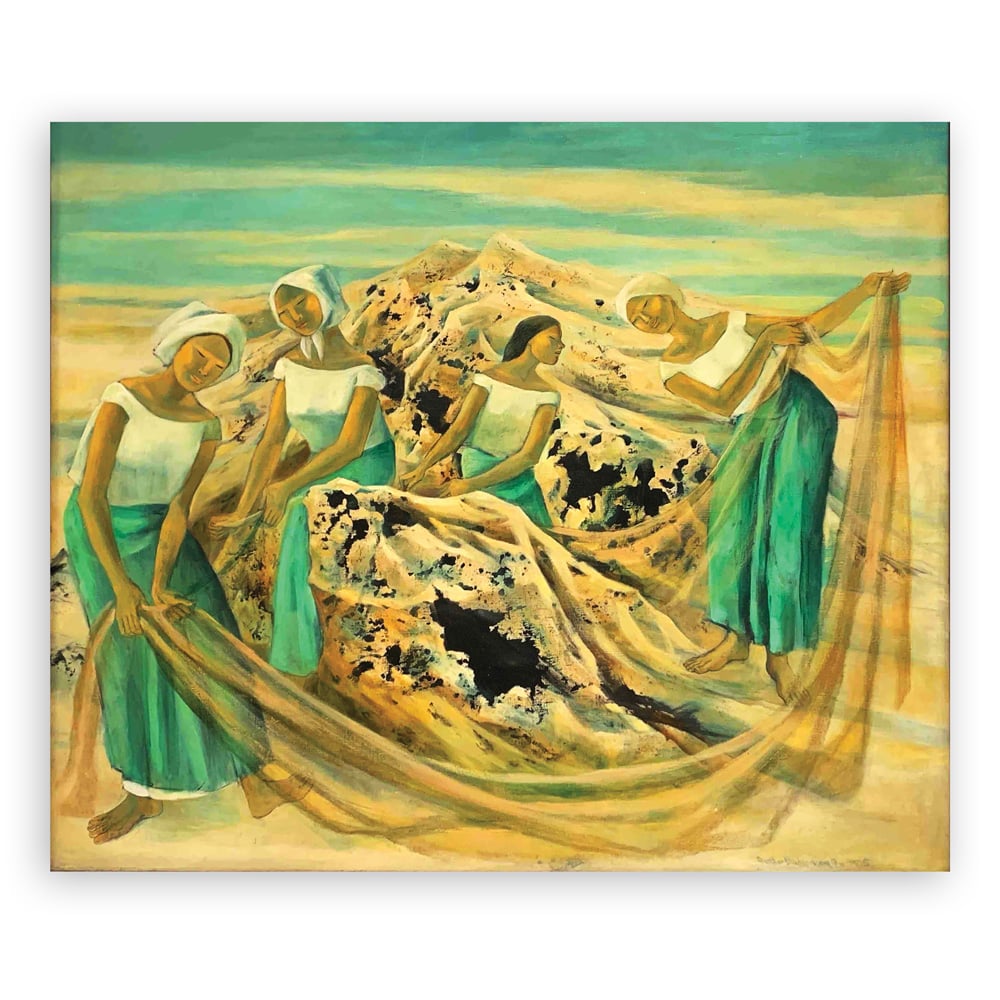 Anita Magsaysay-Ho (1914-2012) On the Beach — signed and dated 1975 (lower right) mixed media on canvas — 30” x 36” (75 cm x 90 cm).