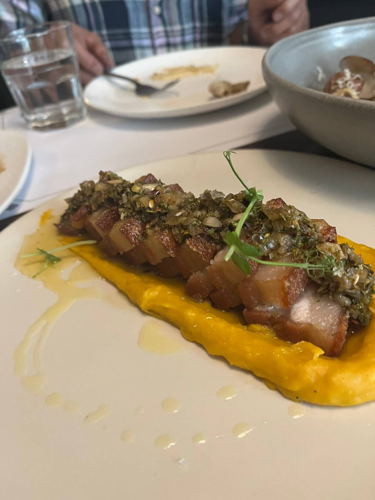 Pork Belly sitting atop sweet potato puree with chimichurri sauce