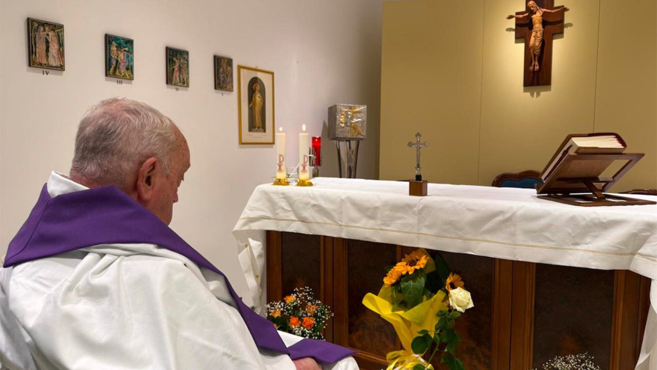Pope Francis in the private chapel on the 10th floor of Rome's Gemelli Hospital.