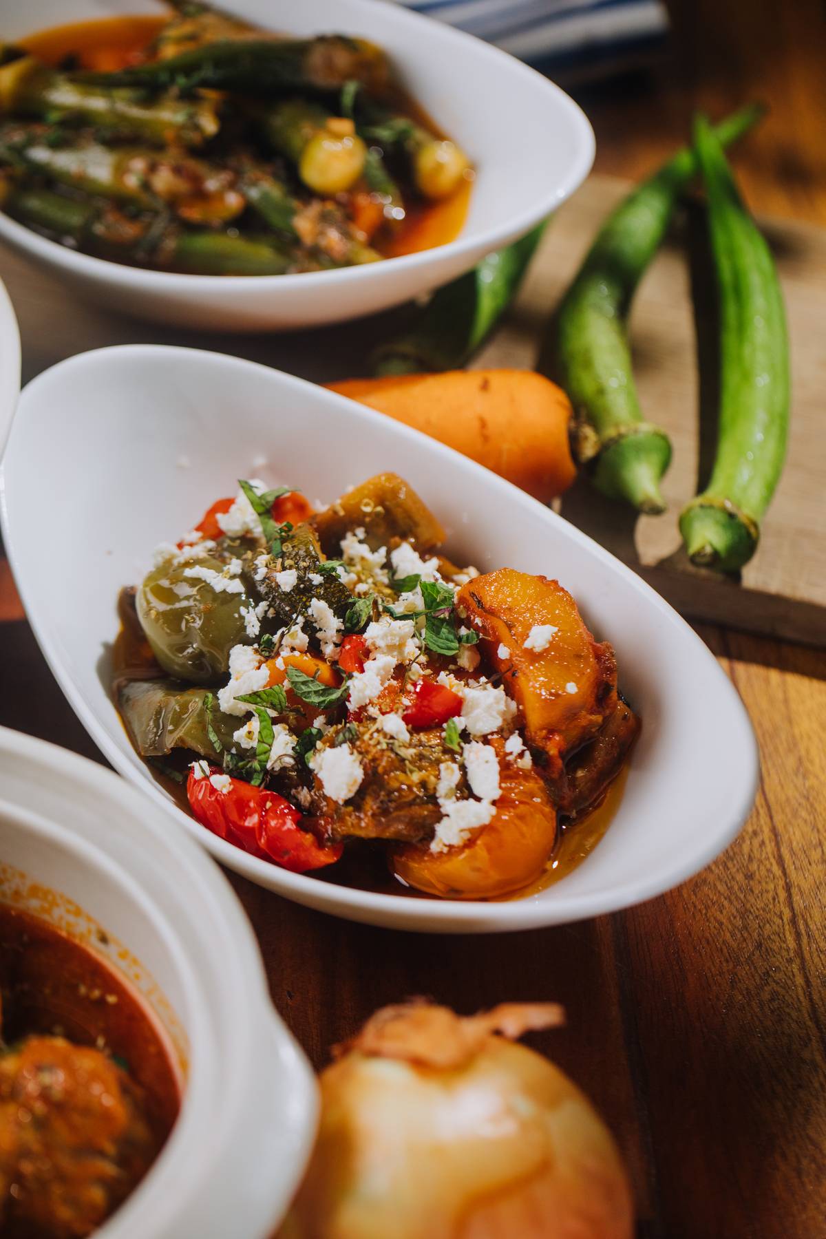 Briam is oven-roasted vegetables, we call it the Greek ratatouille topped with feta.