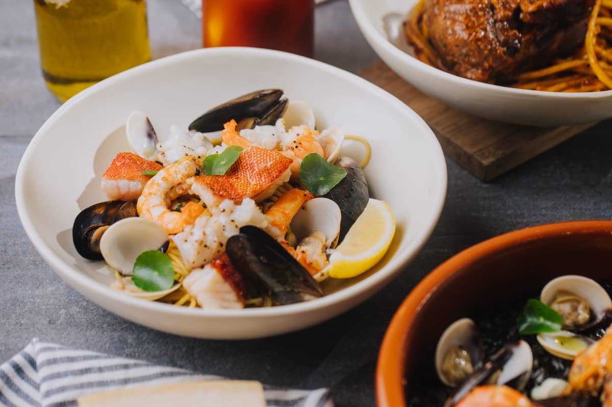 Seafood Elaia Aglio olio with clams, mussels, squid and shrimp.