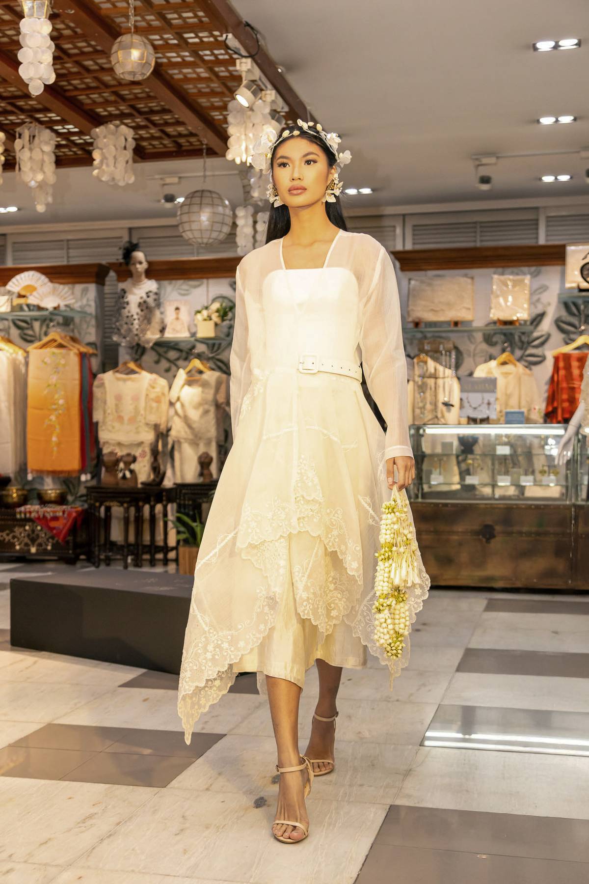 PiÑa cocoon tablecloth turned into a dress.