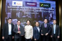 From left, Sumitomo Mitsui Banking Corporation (SMBC) Manila Branch Executive Director and Head of Corporate Banking Ruben Victa, Ayala Corporation Treasurer Estelito C. Biacora, SMBC Country Head and Managing Director Yasushi Iwata, Ayala Corporation Chief Finance Officer Alberto M. de Larrazabal, Mizuho Bank General Manager Masaaki Wada, and Mizuho Bank Joint General Manager Yasunori Iwamoto during the signing ceremony of Ayala’s first yen-denominated Samurai loan equivalent to $200 million.