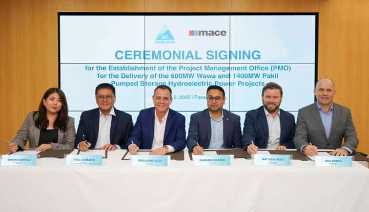 At the ceremonial signing for Prime Infra’s two pumped storage projects are (from left) Prime Infra chief administrative officer Minerva Matibag, Project director Noel Gonzales, Prime Infra president and CEO Guillaume Lucci, Mace Consult CEO Davendra Dabasia, Mace Philippines country manager Matthew Fitch, and Mace executive director Nick Boekel. The signing was executed for the establishment of the project management office for the delivery of the 600 megawatts Wawa and 1,400MW Pakil pumped storage hydroelectric projects.