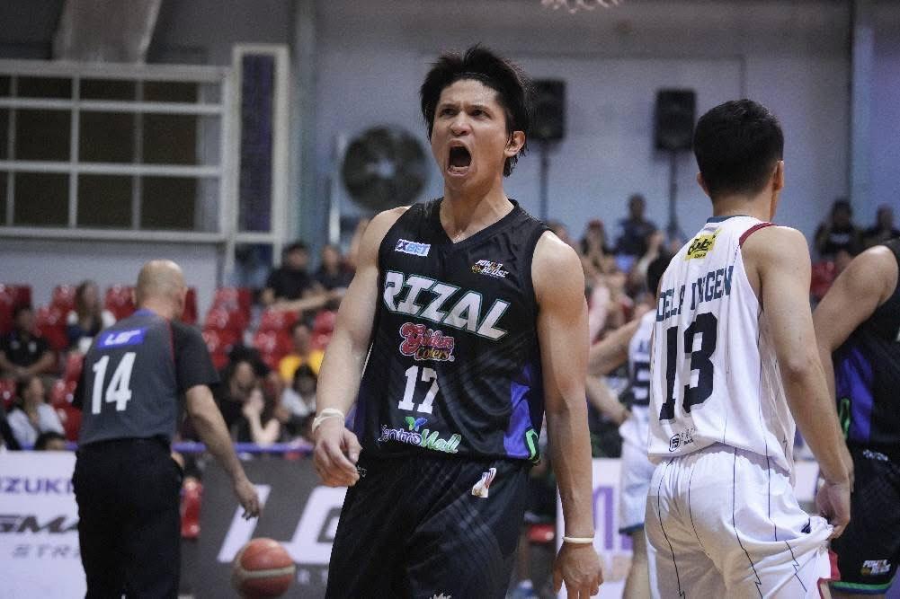 ALWIN Alday celebrates after watching Keanu Caballero’s buzzer-beating three-pointer from halfcourt that lifted Rizal to an 87-86 win over Batangas in the MPBL 2025 Season late Friday at the Ynares Sports Arena in Pasig.