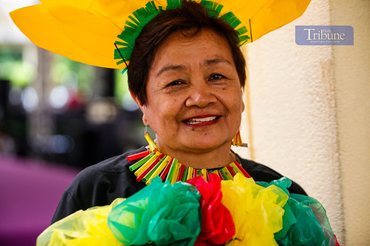 Women from various barangays in Quezon City compete in the Kababaihan Festival dance competition at the Quezon City Hall compound on 24 March 2025. Contestants also showcase costumes made from upcycled materials.