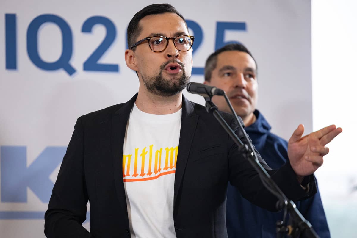 Prime Minister of Greenland and Inuit Ataqatigii (IA) party candidate Mute Bourup Egede, speaks during a televised all party political meeting at the high school in the capital Nuuk, on 8 March 2025. Greenland, the autonomous Danish territory will hold legislative elections on 11 March.