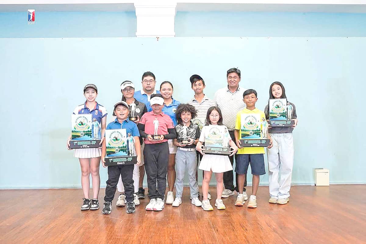 WINNERS in the junior division of the Rianne Malixi Challenge Cup at Royal Northwoods are shown with host Rianne Malixi, her father Roy, and JGFP president Oliver Gan.