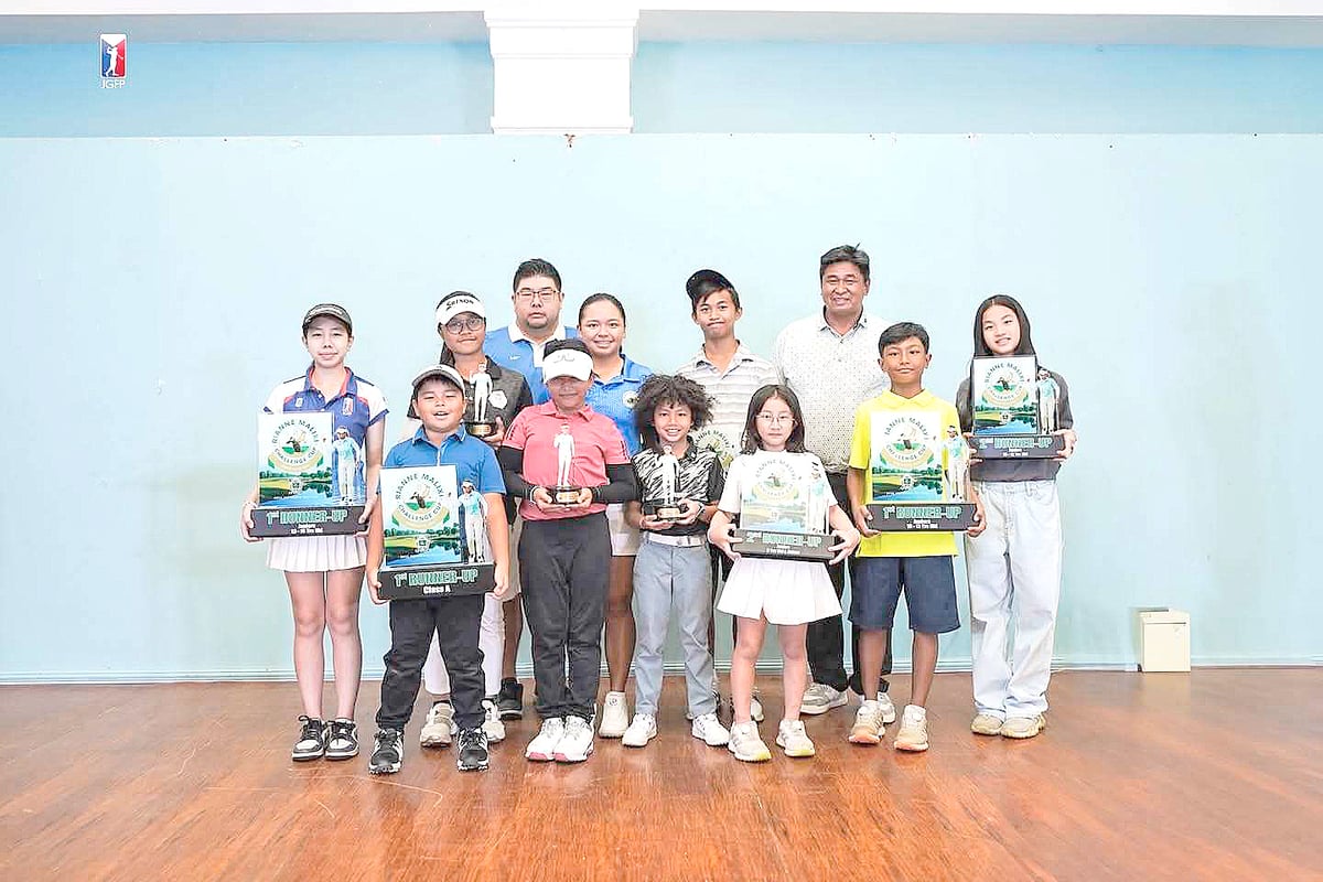 WINNERS in the junior division of the Rianne Malixi Challenge Cup at Royal Northwoods are shown with host Rianne Malixi, her father Roy, and JGFP president Oliver Gan.