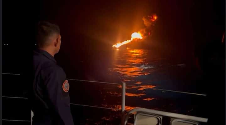 The Philippine Coast Guard (PCG) swiftly responded to a fire incident involving a cargo vessel, MV CASTPHILL XV, in the waters northwest of Limbones Island, Nasugbu, Batangas, today, 30 March 2025. (Photo from PCG)