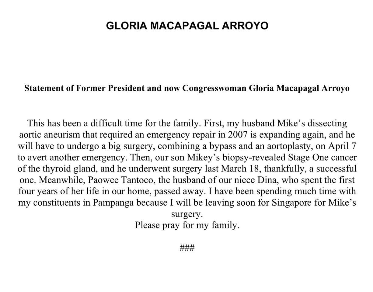 Arroyo asks for prayers for husband, son Mikey