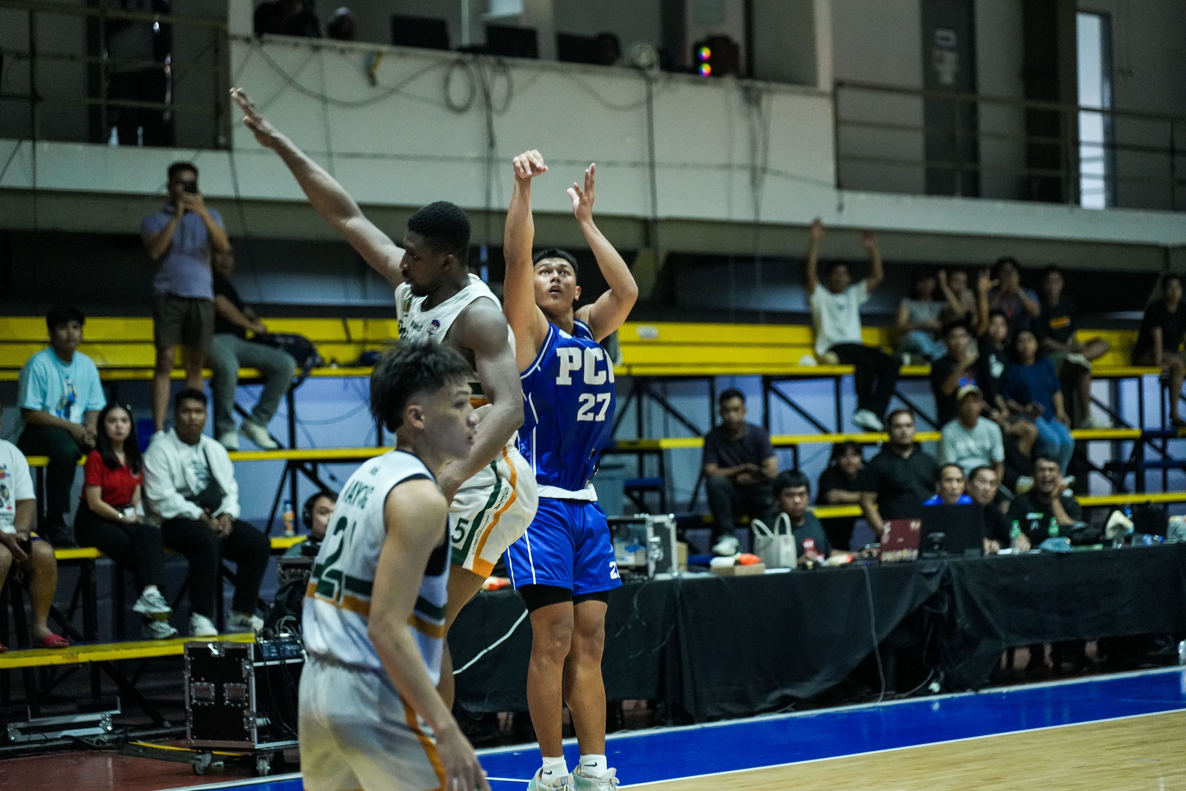 Alvin Reyes knocks down a late-game three-pointer to lift PCU-D to a thrilling 78-76 win over Olivarez College in Game 1 of their UCAL best-of-three finals series.