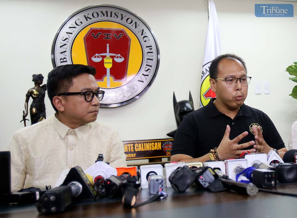 MMDA special operations head Gabriel Go apologizes for posting a video ticketing a cop for parking on the sidewalk during a press conference with NAPOLCOM Commissioner Rafael Vicente Calinisan, 3 April 2025, at the DILG-NAPOLCOM building in Quezon City.