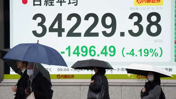 An electronic board showing the numbers of the Nikkei Stock Average on the Tokyo Stock Exchange is displayed along a street in Tokyo on 3 April 2025.