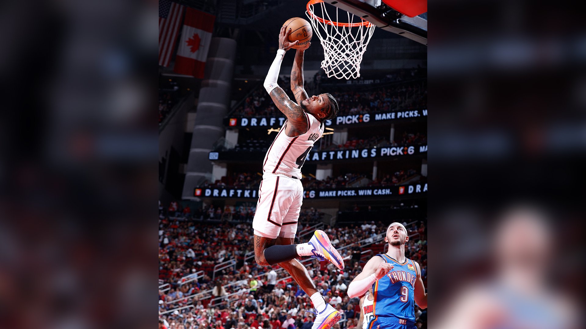 Jalen Green of the Houston Rockets prepares to rattle the rim in their 125-111 win over the Oklahoma City Thunder in the NBA regular season.