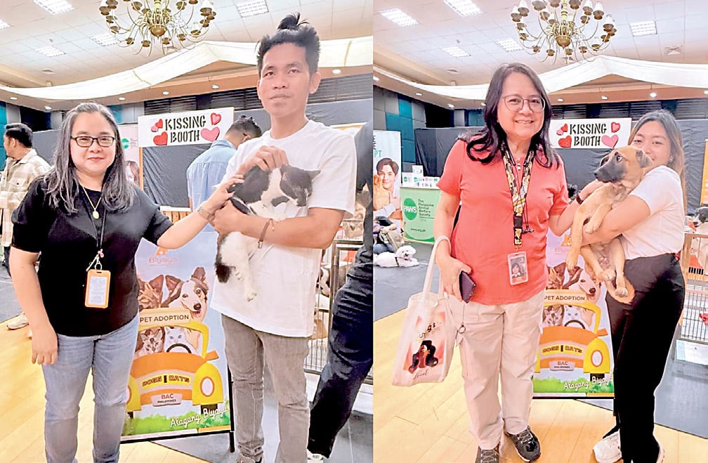 Meralco employee Donna Carreon (left photo) with a Biyaya Animal Care volunteer and Tuxedo, the charming cat she adopted at the event. Meralco employee Maria Tesoro (right photo) with a Biyaya Animal Care volunteer and Peanut, the rescued dog she adopted at the event.