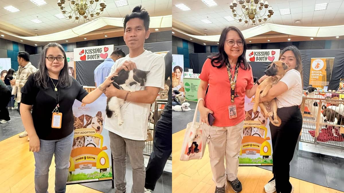 Meralco employee Donna Carreon (left photo) with a Biyaya Animal Care volunteer and Tuxedo, the charming cat she adopted at the event. Meralco employee Maria Tesoro (right photo) with a Biyaya Animal Care volunteer and Peanut, the rescued dog she adopted at the event.