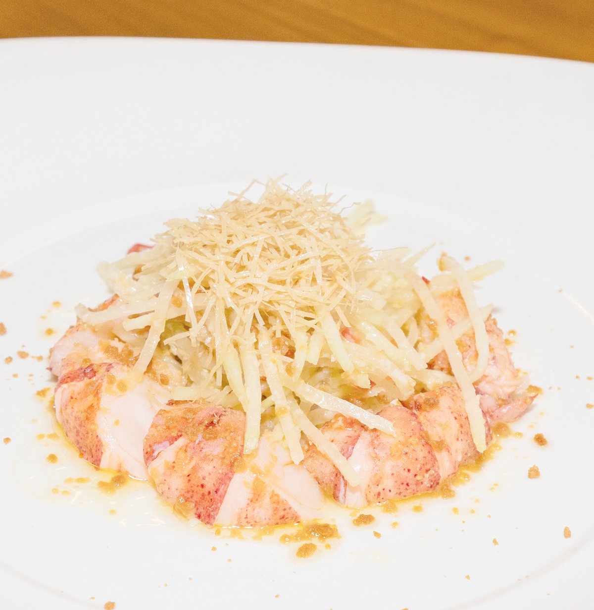 Green Papaya Dry Miso with Lobster — Yuzu Truffle Dressing, Parmesan Cheese, and Kizami Yuba.