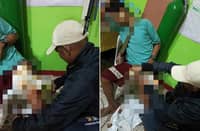 Amado Soliman, a resident of Brgy. Labog in Sofronio Española, receives medical attention for injuries he sustained after being attacked by a crocodile while gathering shrimp in the Tagumagas River early Monday morning, 8 April.