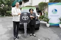 In photo (from left) are TMP President Masando Hashimoto and DENR Secretary Maria Antonia Yulo Loyzaga during the turnover of Toyota Tamaraw UV and Bantay Tamaraw Kits