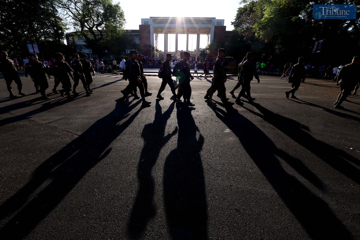 In celebration of Araw ng Kagitingan on Wednesday, 9 April 2025, members of the Philippine Army and ROTC contingents from various schools participate in the Freedom March around the academic oval of the University of the Philippines in Diliman, Quezon City.