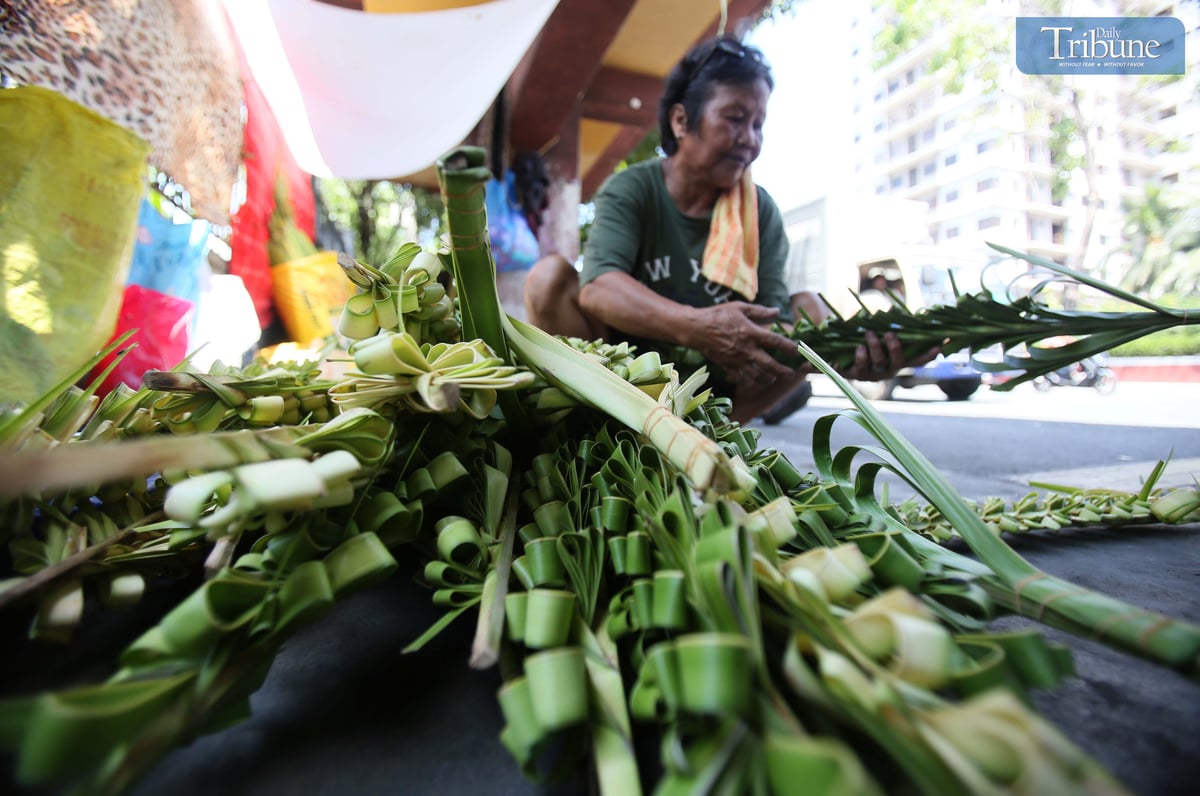 Evelyn Copper from Laguna weaves palm leaves, or palaspas, to sell for Palm Sunday in front of Santo Domingo Church — National Shrine of Our Lady of the Holy Rosary of La Naval de Manila — on Thursday, 10 April. The faithful will mark Palm Sunday on 13 April.