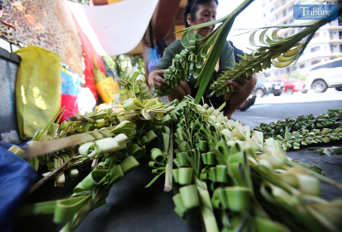 Evelyn Copper from Laguna weaves palm leaves, or palaspas, to sell for Palm Sunday in front of Santo Domingo Church — National Shrine of Our Lady of the Holy Rosary of La Naval de Manila — on Thursday, 10 April. The faithful will mark Palm Sunday on 13 April.