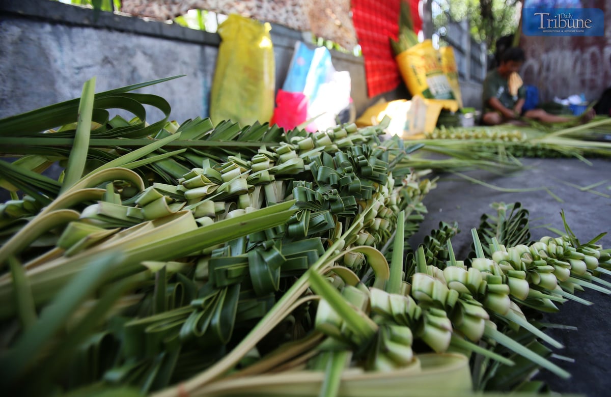Evelyn Copper from Laguna weaves palm leaves, or palaspas, to sell for Palm Sunday in front of Santo Domingo Church — National Shrine of Our Lady of the Holy Rosary of La Naval de Manila — on Thursday, 10 April. The faithful will mark Palm Sunday on 13 April.