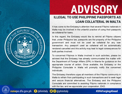 Malta OFWs warned against using passport as loan collateral
