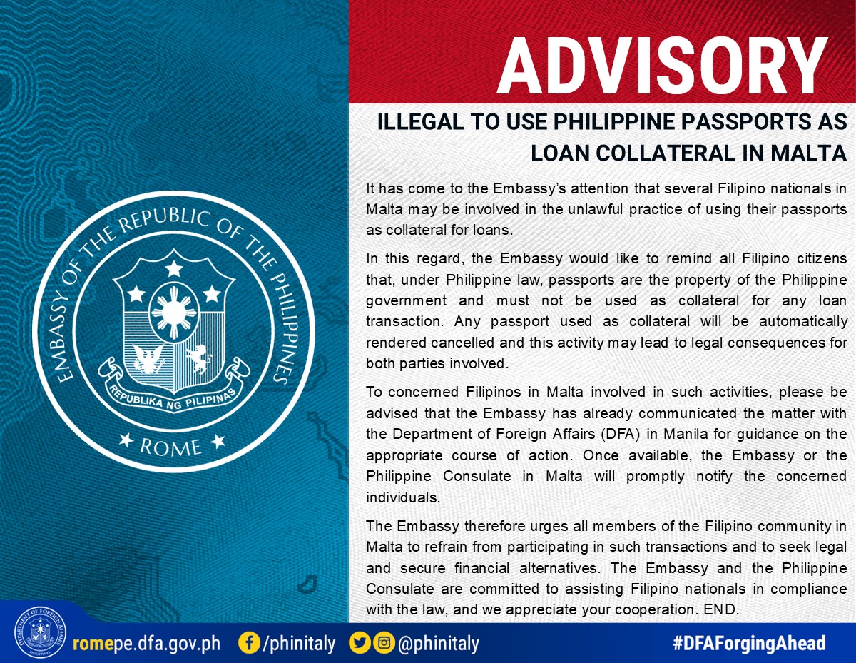 Malta OFWs warned against using passport as loan collateral