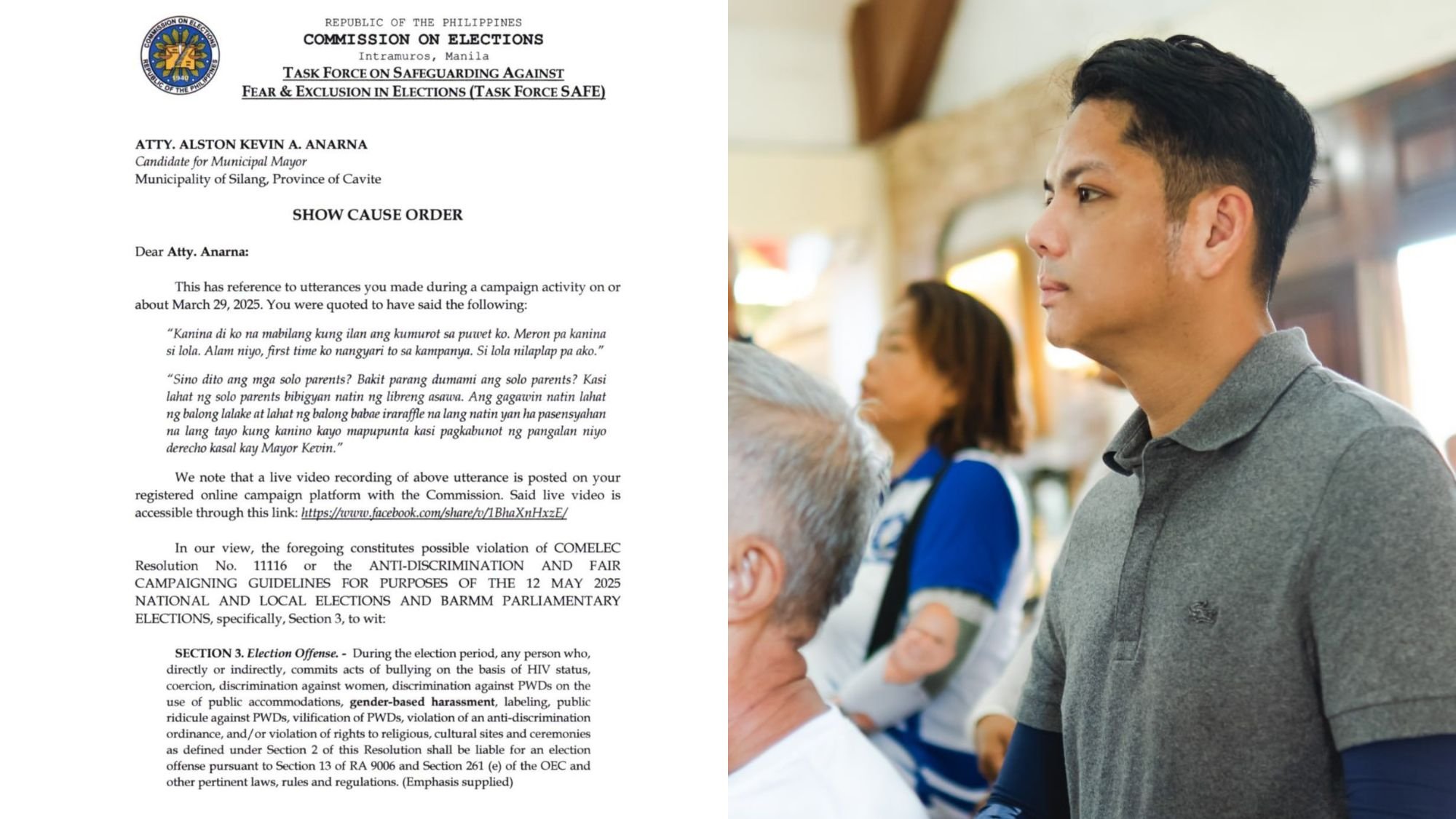 SCO issued to Silang mayoral bet over lewd remarks
