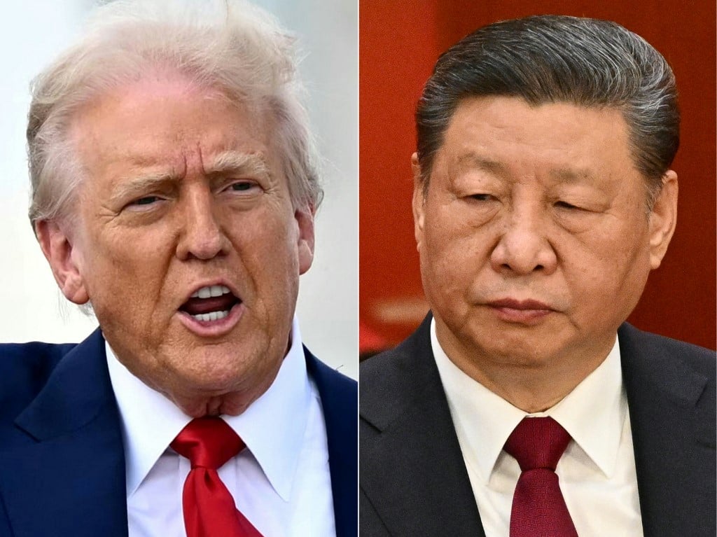 Side-by-side photos of U.S. President Donald Trump (left) speaking with an animated expression and Chinese President Xi Jinping (right) looking serious and reserved. Both are wearing dark suits and red ties.