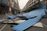 The remains of a metal structure are seen after it was blown over by high winds in Fuyang, in China’s eastern Anhui province on 12 April 2025.