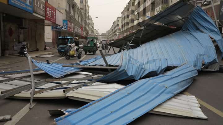 The remains of a metal structure are seen after it was blown over by high winds in Fuyang, in China’s eastern Anhui province on 12 April 2025.